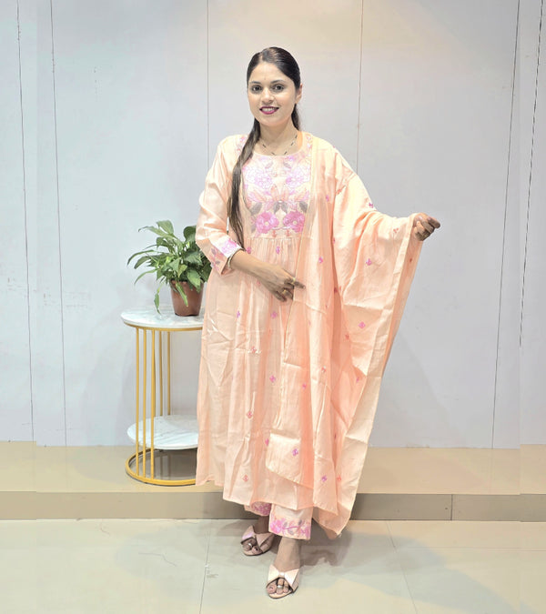 Premium mul-chanderi Designer Peach dress