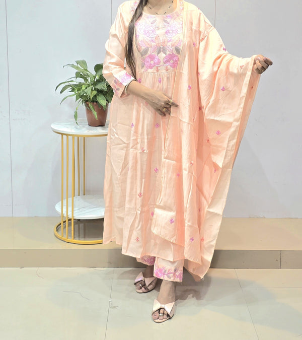 Premium mul-chanderi Designer Peach dress